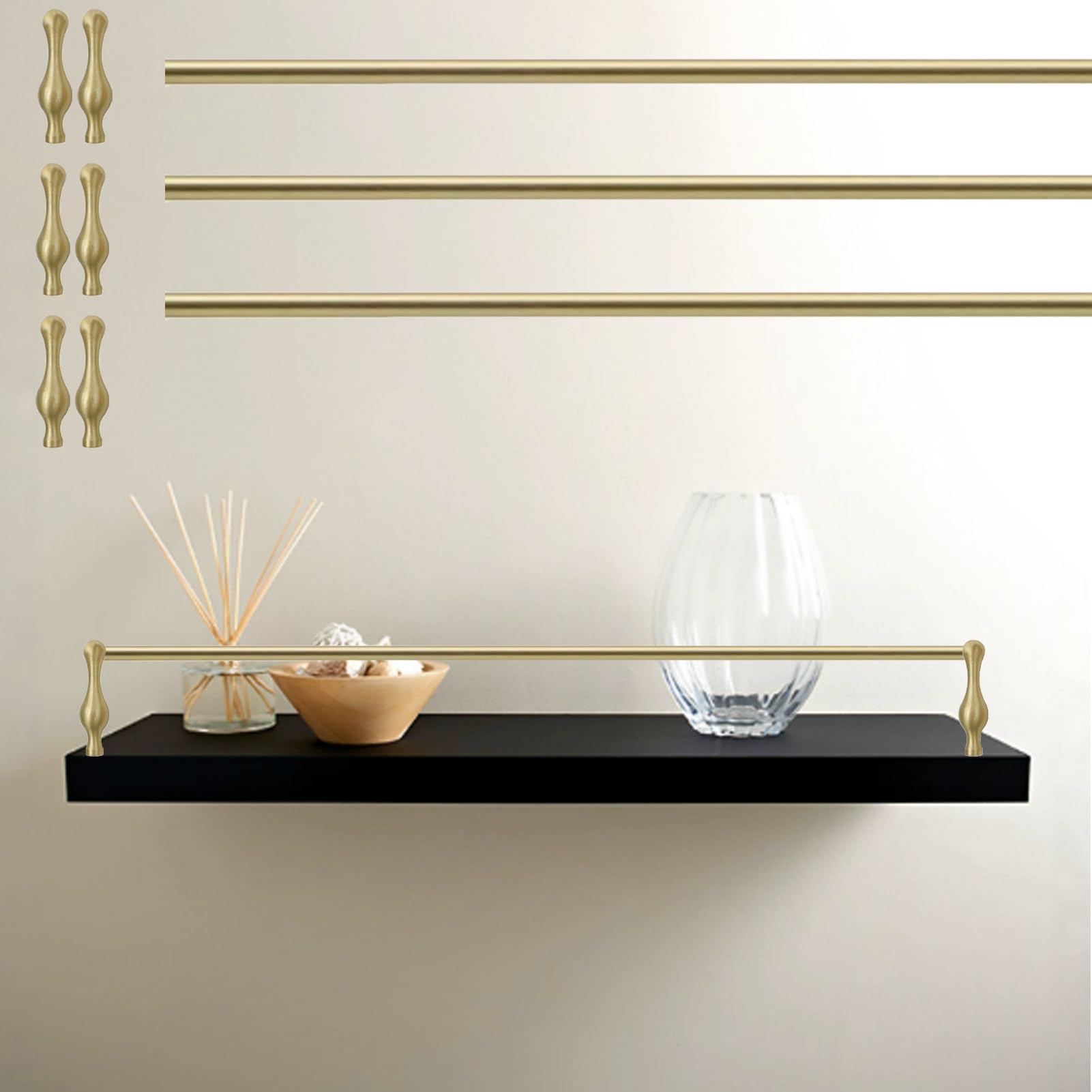 Generico Kit in Ottone Anticato con Asta di ringhiera per mensole flottanti, binari ribaltabili Moderni per mensole, Set da 3 Pezzi, 94 cm, perni e Viti Regolabili da 20 a 91 cm.