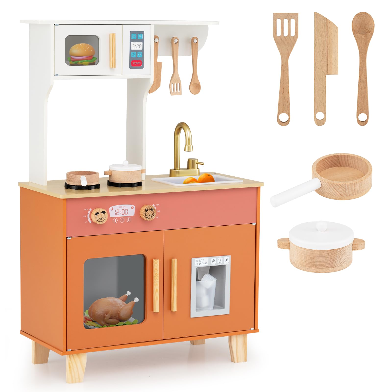 COSTWAY Kids Wooden Kitchen, Pretend Play Kitchen with Microwave, Burners, Faucet, Sink, Ice Dispenser & Accessories, Children Cooking Toy Chef Role Playset for Boys Girls Ages 3-6