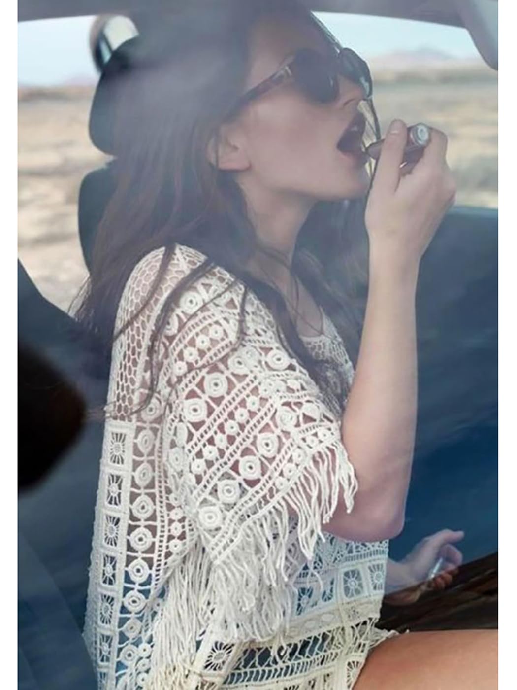 Top con Frange Jastie Boho Crochet Chic Top in Pizzo con Nappe e Maniche a Pipistrello, Camicia Casual da Spiaggia, Traforata, con Ricamo Floreale, da Donna per Le Donne(Black)