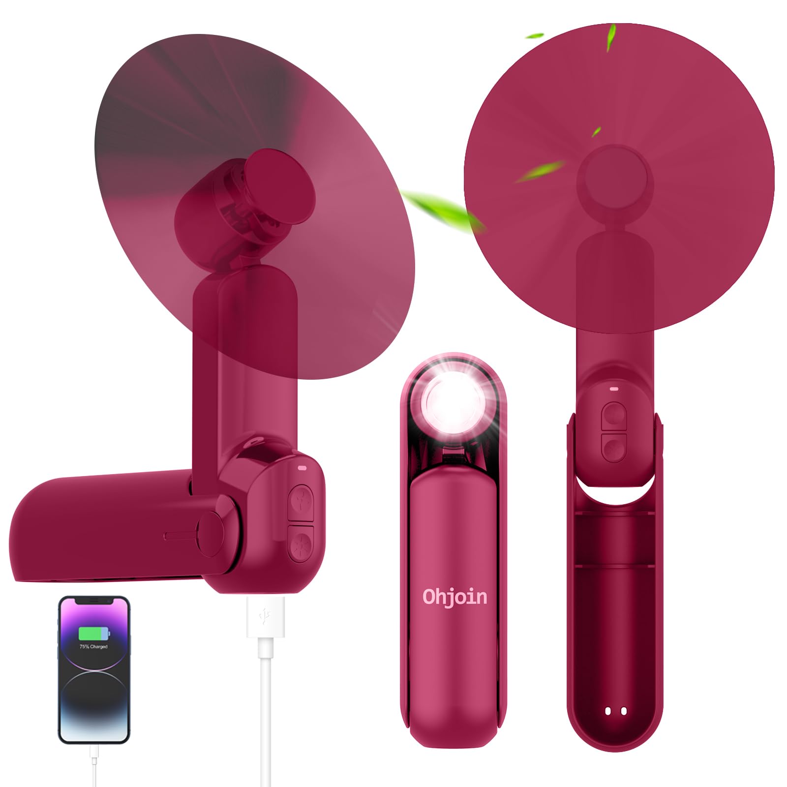 Ohjoin 4 IN 1 Portable Mini Handheld Fan,Personal Foldable Pocket Travel Fan,Small Hand Fan for Face Lash,USB Rechargeable,Summer Concerts, Birthday