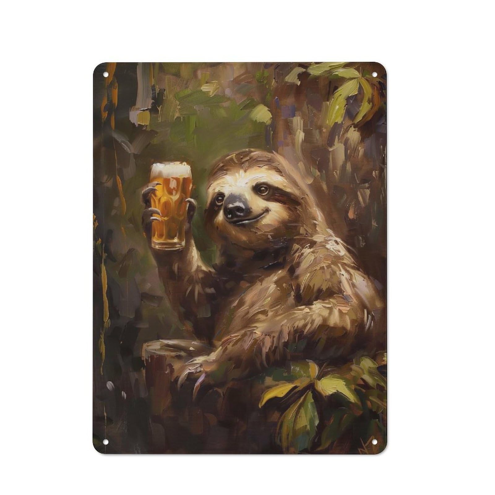 Tin Sign 40x30cm with Beer Drinking Sloth for Workshop Wall, Retro Decor, for Metal Sign Collectors, for Cafés, Pubs And Restaurants