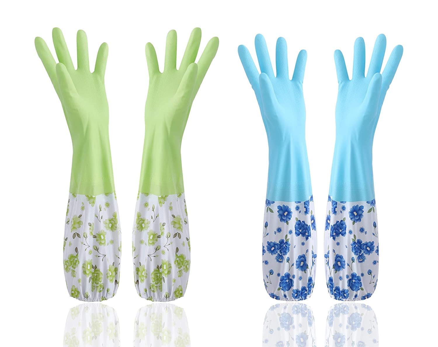 Reusable Rubber Latex Pvc Flock Lined Long Elbow Hand Gloves Safety Kitchen for Dishwashing, Cleaning, Gardening, Laundry and Sanitation and Lab Work (Green + Blue)