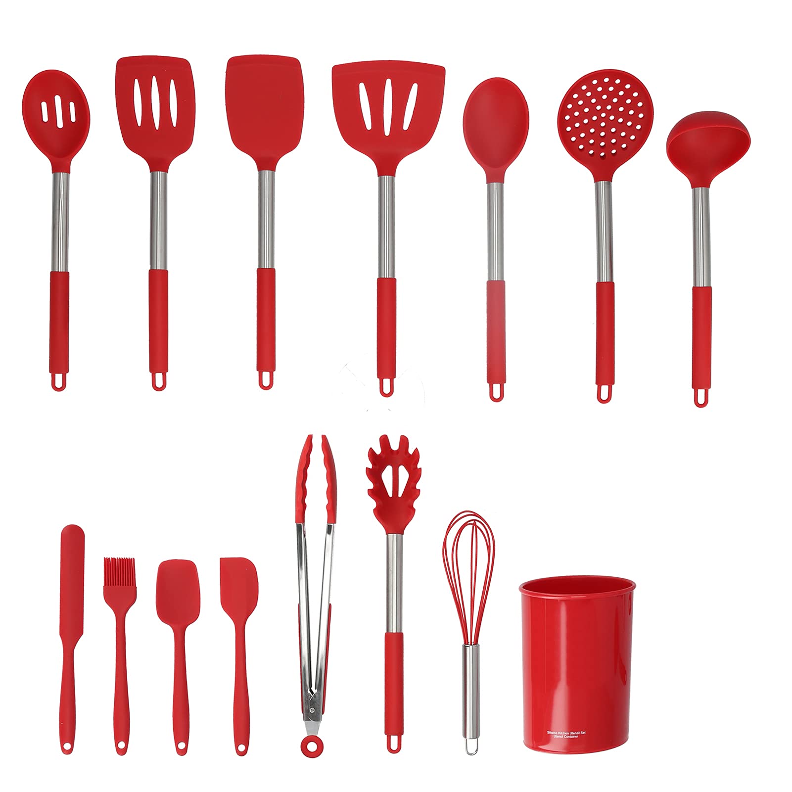 15-teiliges Silikon Küchenutensilien Set mit Edelstahlgriff, Pfannenwender, Schöpflöffel, Kochlöffel, Küchenhelfer für die tägliche Küchenarbeit (all red)