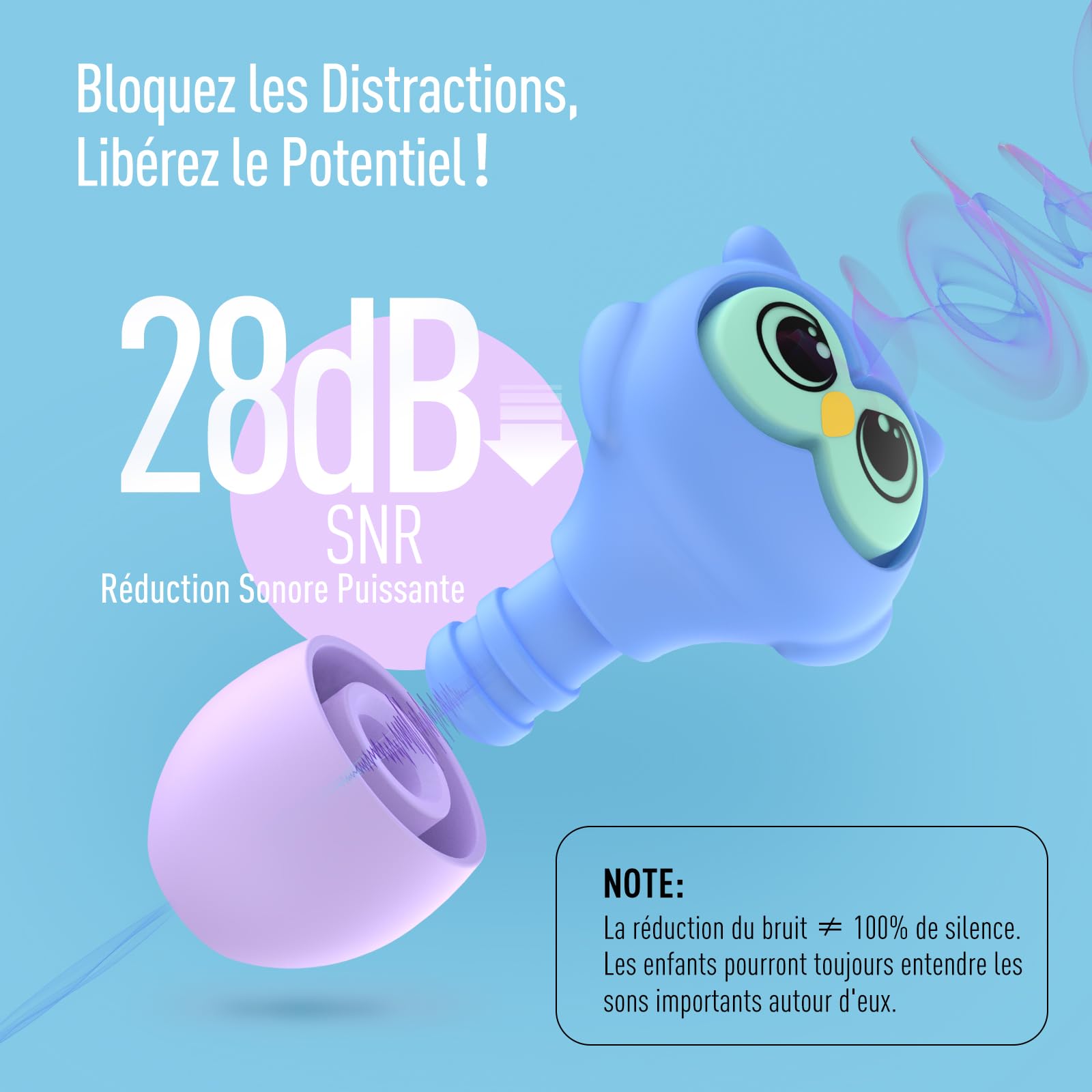 Bouchon d'oreille enfant (6-12ans),bouchons doreilles anti bruit protege oreille pour enfants et petits conduits auditifs-protection auditive boule quies pour dormir,piscine,avion,concert,tdah (28dB)