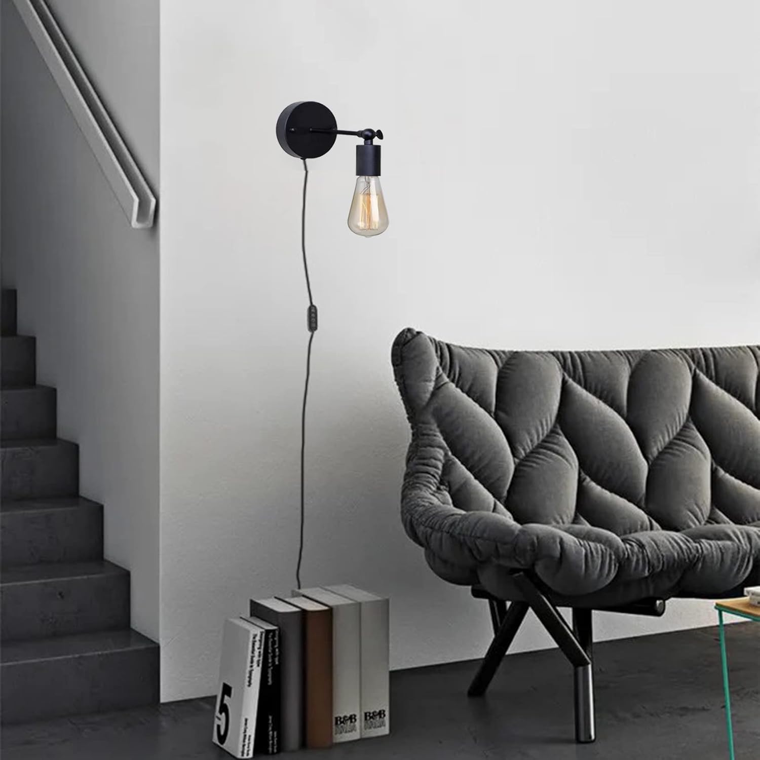 Kiven Plug-in Wall Sconce with in-line Dimmable and Timer Switch Cord(6 FT),Industrial Style Wall Lamp Black Metal Lighting Fixture for Bedroom Bathroom-1 Pack