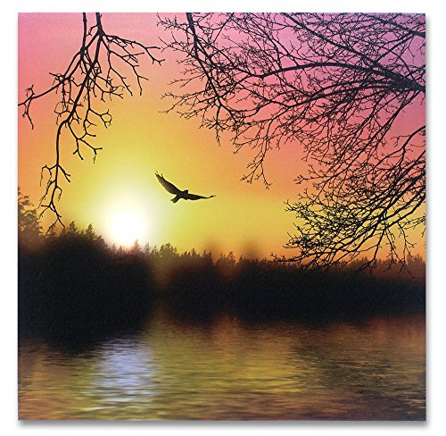 BANBERRY DESIGNS Soaring Eagle LED Lighted Canvas Print Home Decor - Morning Sunrise Wooded Lake Outdoors Scene
