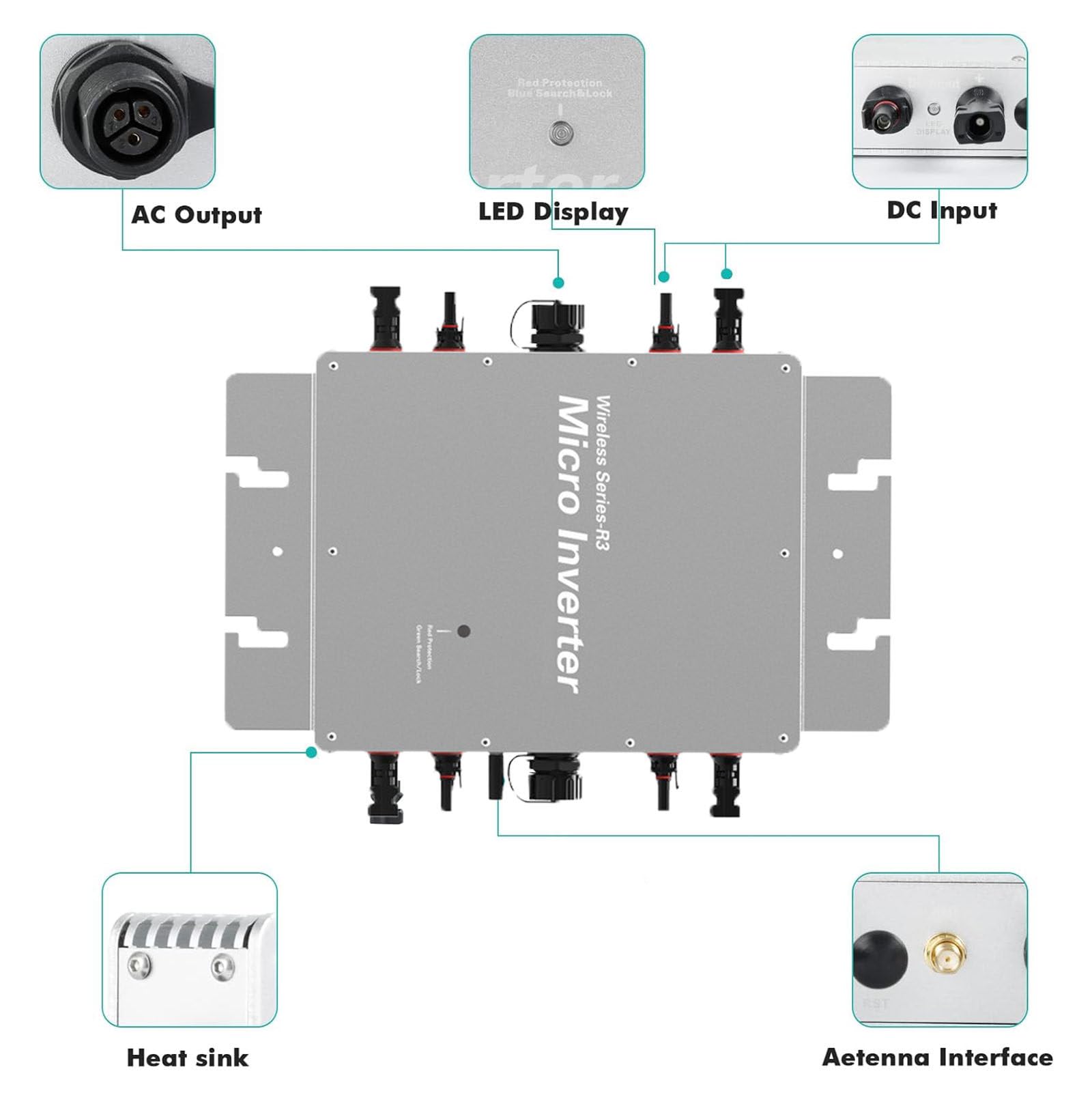 Micro Inverter per Collegamento alla Rete Solare, Onda Sinusoidale Pura MPPT per Collegamento alla Rete, Controllo App Autoraffreddamento, Inverter di Potenza