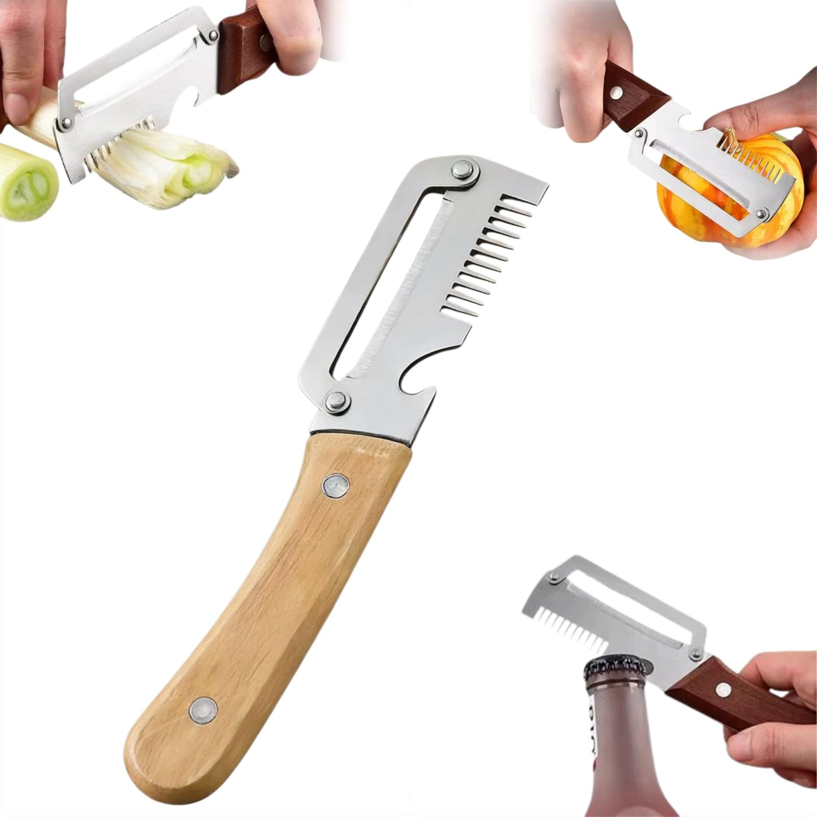 Amazon | キッチン用多機能野菜皮むき器、木製ハンドルと栓抜き付き
