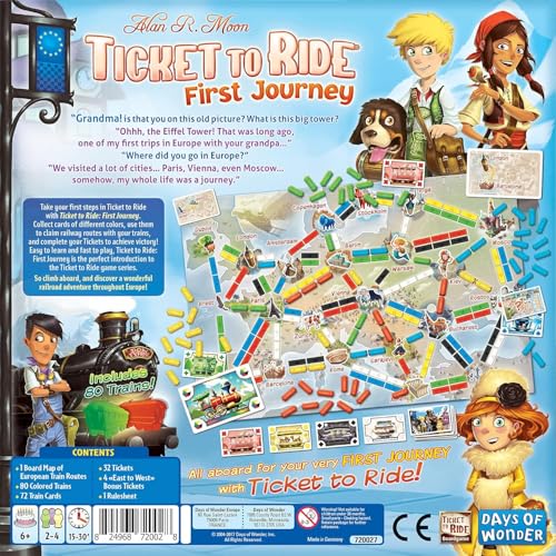 Image of Asmodee Ticket to Ride Europe First Journey Board Game - Strategic Train Adventure, Family Fun for Kids & Adults, Ages 6+, 2-4 Players, 15-30 Minute Playtime