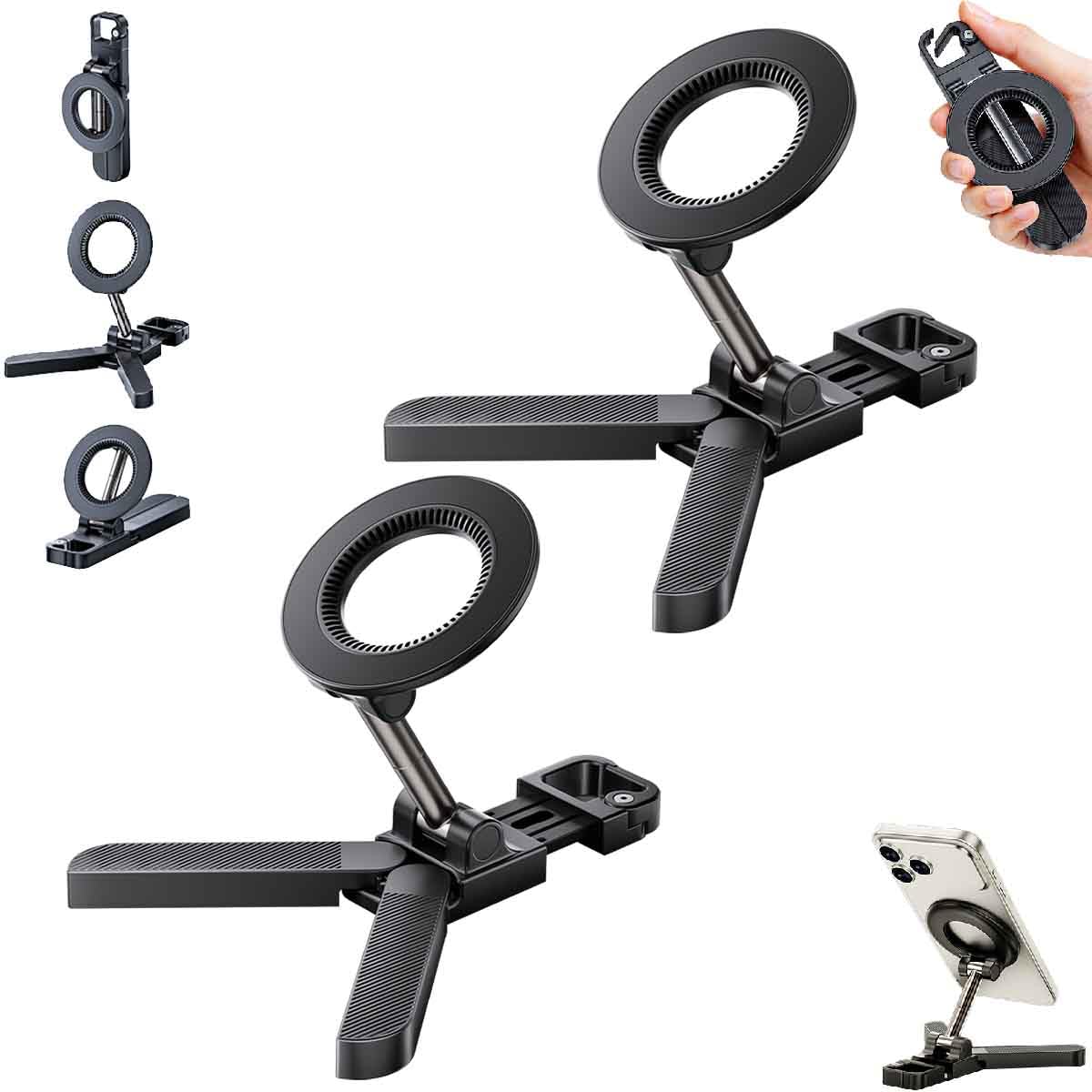 Foldable Magnetic Phone Holder With Carabiner,Zinc Alloy N52 Magnet，2pcs | Portable Pocket Selfie Stick,Phone Stand,360° Swivel Suction Cup,Dual-Side Magnetic,Fits Vlog,Gym,Golf cart,Travel,Desk