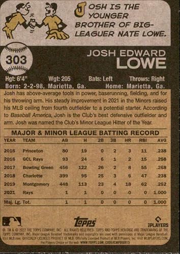 Miniatura 2 de 2022 Topps Heritage #303 Josh Lowe NM-MT RC Rookie Rays