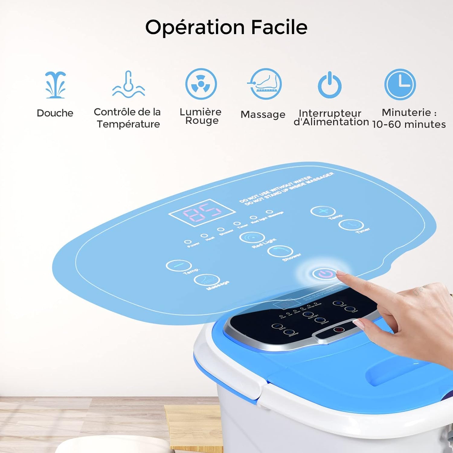 Close-up of the foot spa's control panel with icons for shower, temperature control, red light, massage, power switch, and timer