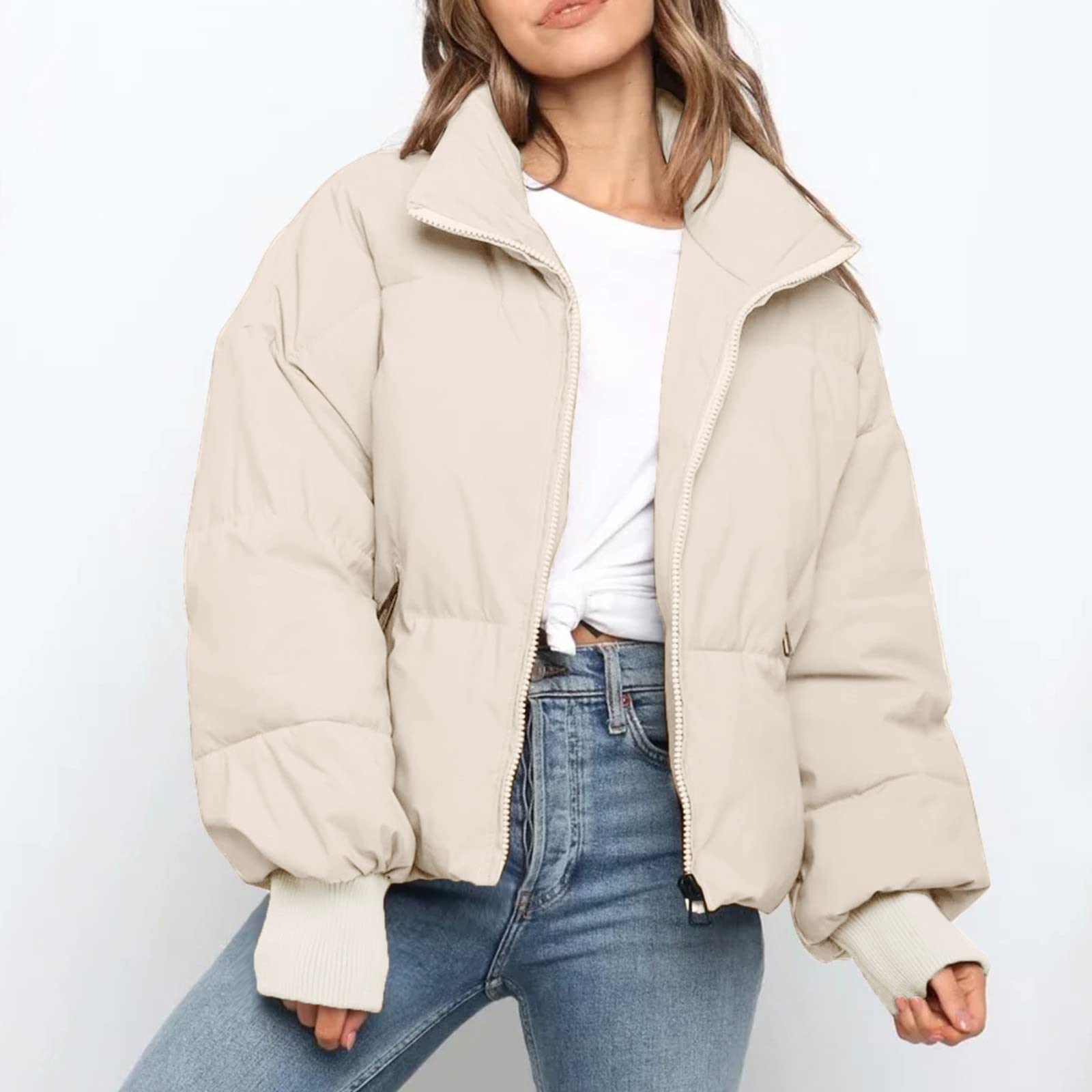 Chaqueta de entretiempo para mujer, chaqueta acolchada ligera con bolsillos, chaqueta de otoño, chaqueta de invierno para mujer, corta y cálida, cuello alto, abrigo de invierno, chaqueta