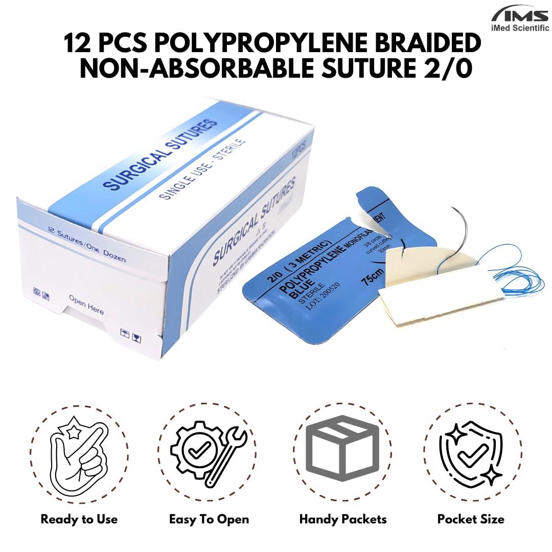 IMEDS Training Sutures 2/0 Polypropylene, Box of 12 Pcs Suture Thread with Needle, Demo Teaching Set