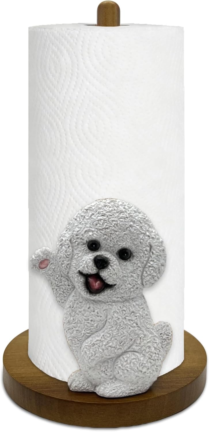 Puppy Paper Towel Holder for Kitchen - Cute Dog Paper Towel Stand with Solid Wood Base, Stable Countertop Towel Dispenser for Standard & Large Rolls, for Dog Lovers