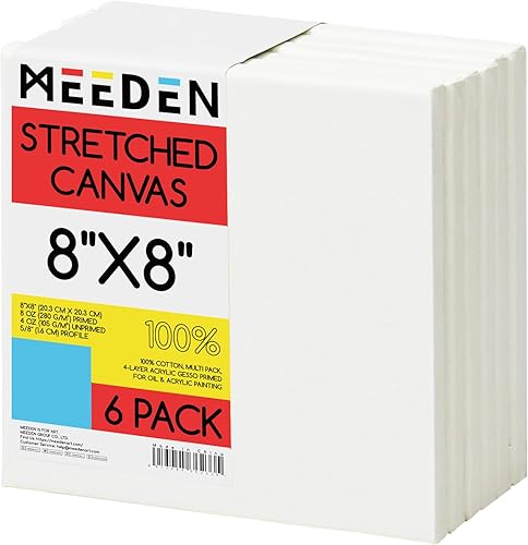 MEEDEN Lienzo estirado, 8 x 8 pulgadas, paquete de 6, lienzos blancos en blanco para pintar, 100% algodón, 8 onzas imprimado con geso, lienzo