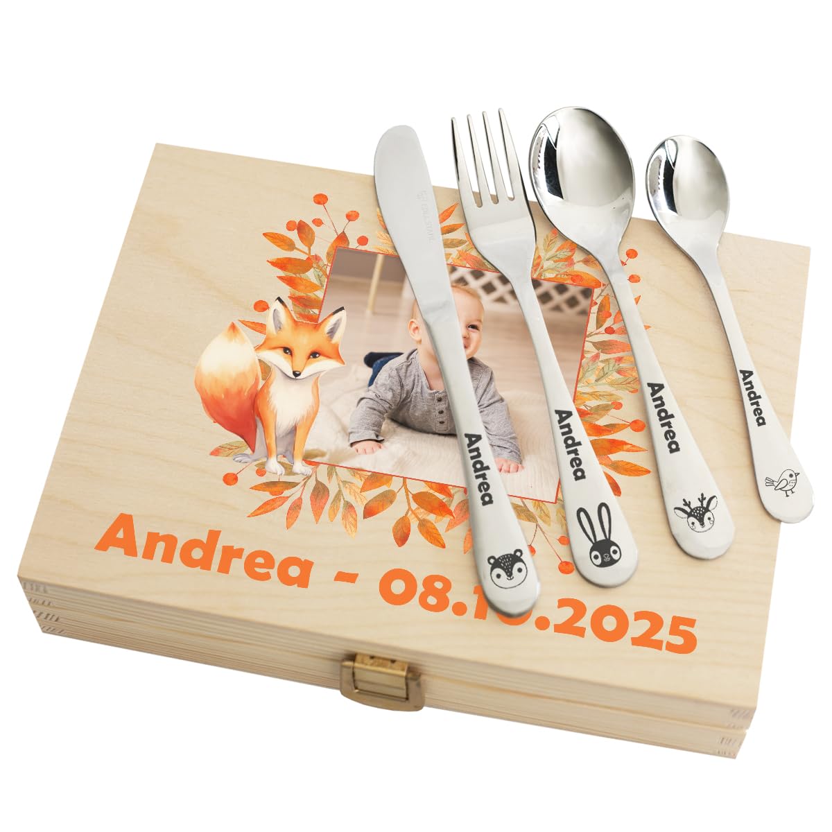 Coffret Couverts Enfant Personnalisés Renard avec Photo Imprimée UV - Set 4 Couverts Gravés Acier Inoxydable - Cadeau Naissance Baptême
