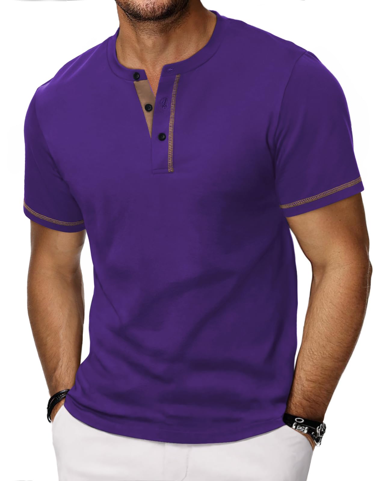 HMIYA Henley Kurzarm T-Shirts für Herren Sommerhemd Baumwolle Knopf Color-Blocking-Ärmeln T-Shirt für Männer