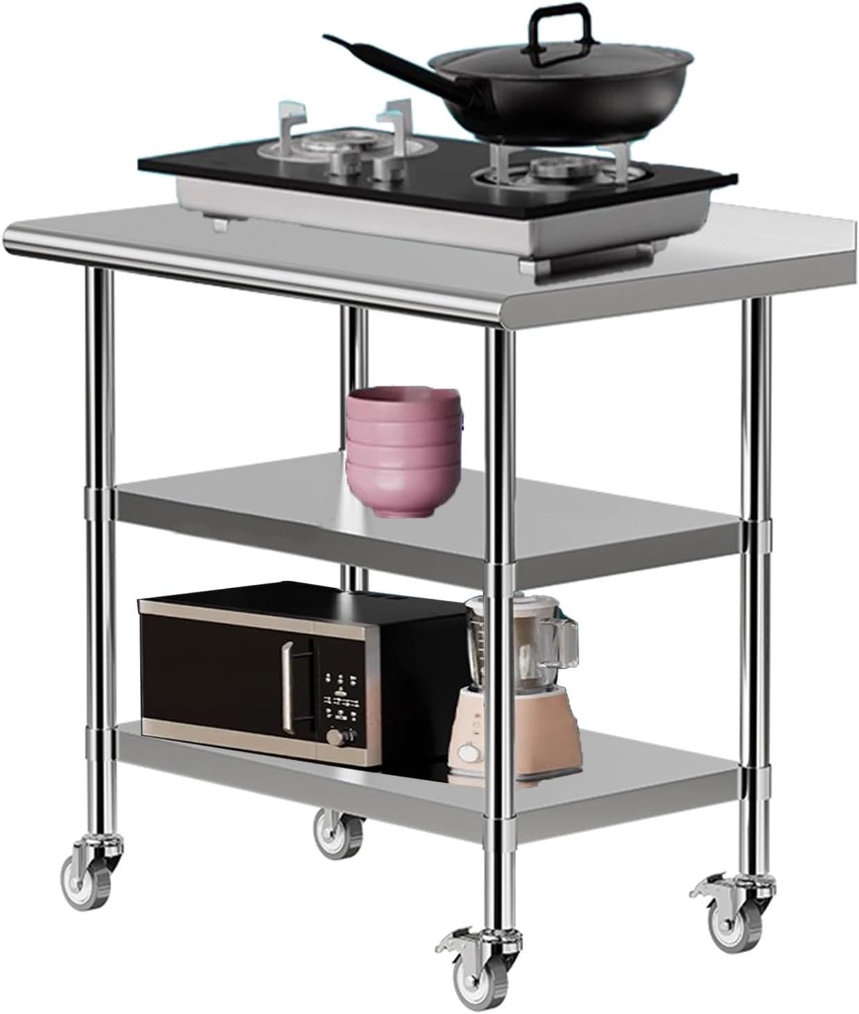Three Tier Stainless Steel Workbench with Wheels Kitchen Prep Table Multifunctional Household Commercial Storage Rack Packing Table Movable Practical Workbench