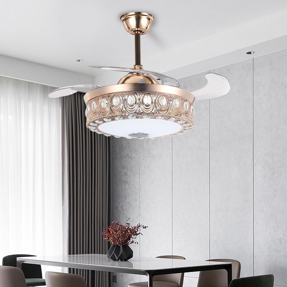 A Million Modern Fandelier Ceiling Fan with Light and Remote, 42”Gold Retractable Chandelier Ceiling Fans with Bluetooth Speaker 3 Speeds RGB LED Light Crystal Fandeliers for Dining Room Bedroom