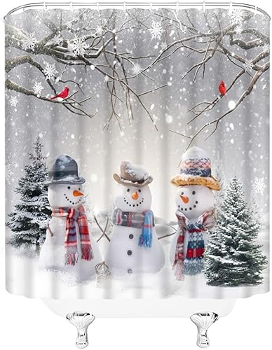 Miniatura 4 de Cortina de ducha de invierno, muñeco de nieve, árbol de Navidad, pájaro rojo, copo de nieve, bosque nevado, decoración de baño, juego de cortinas