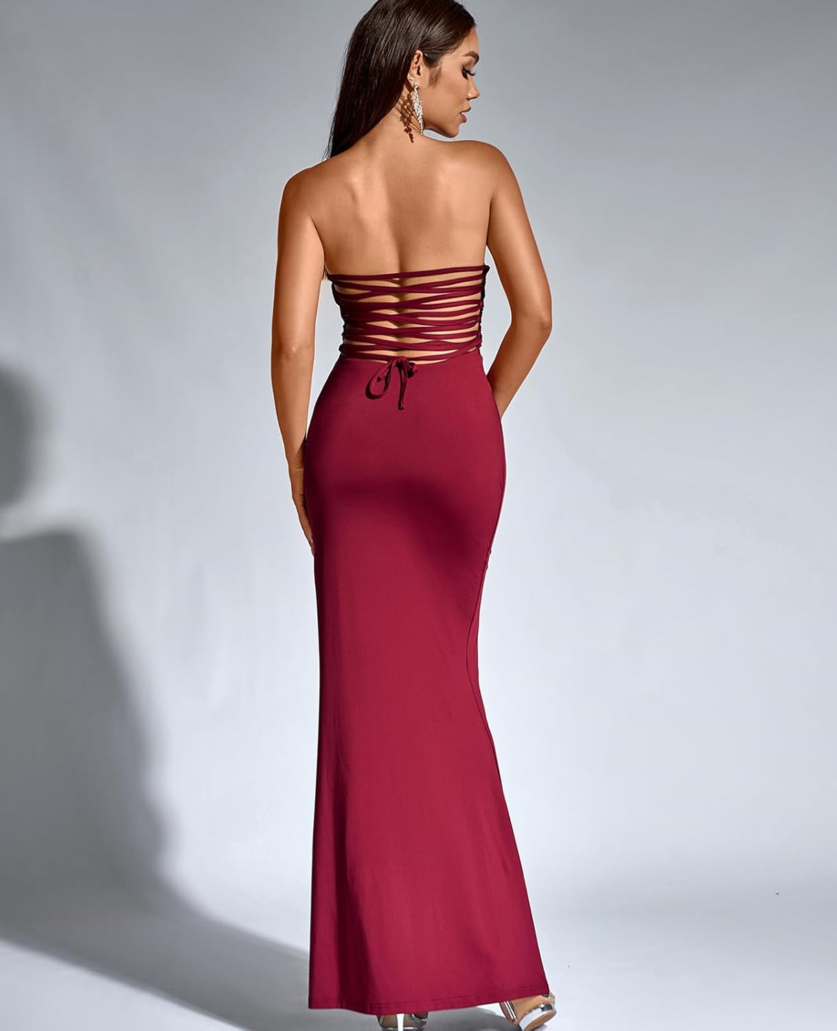 HTZMO Womens Tube Top Strapless Slit Bodycon Maxi Dress Sexy Tie Back Wedding Guest Party Long Dresses - Image 2