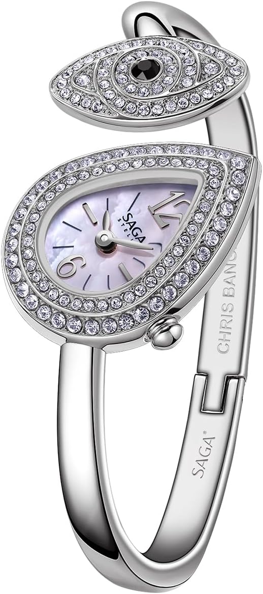 SAGA Angel's Eye Women's Luxury Cuff Bracelet Watch, Swiss Ronda Quartz Movement, Teardrop-Shaped Dial, 30M Water Resistant, 316L Stainless Steel Bracelet with 129 Danube Crystals
