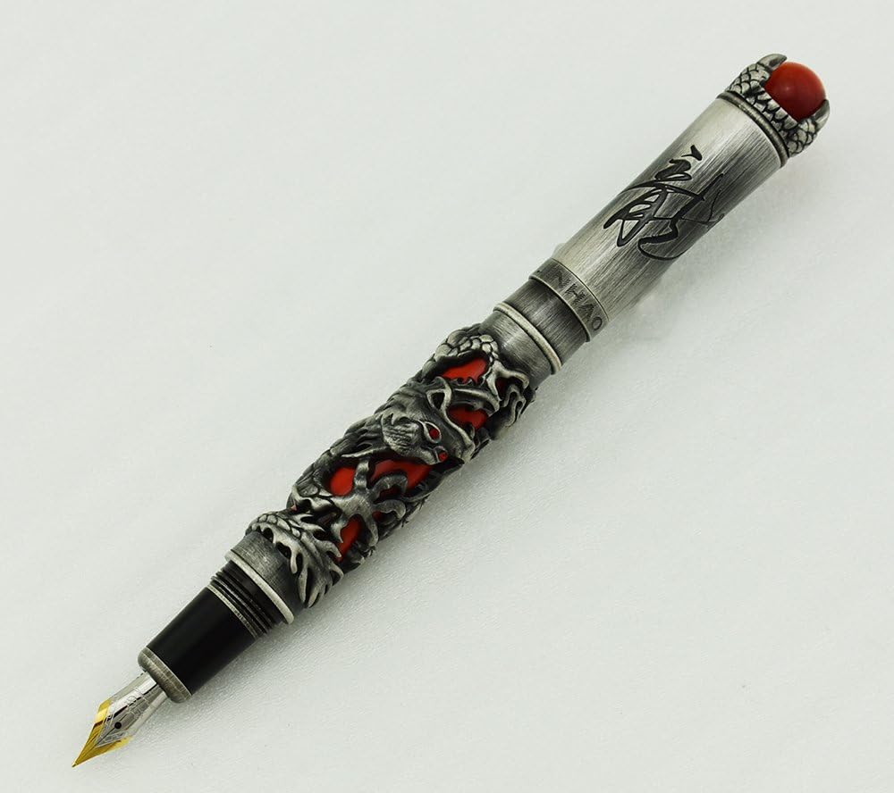 Jinhao Vintage Style Dragon Fountain Pen with Red Jewelry on Top, Fine Nib - Ancient Gray and Red