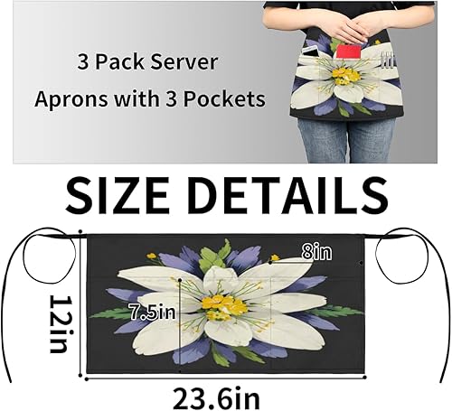 Miniatura 4 de Floral Macro Vibrant 3 Pack Server Aprons with 3 Pocket Waterproof Womens Half Waist Aprons for Cooking Dishwashing Kitchen Gardening Salon