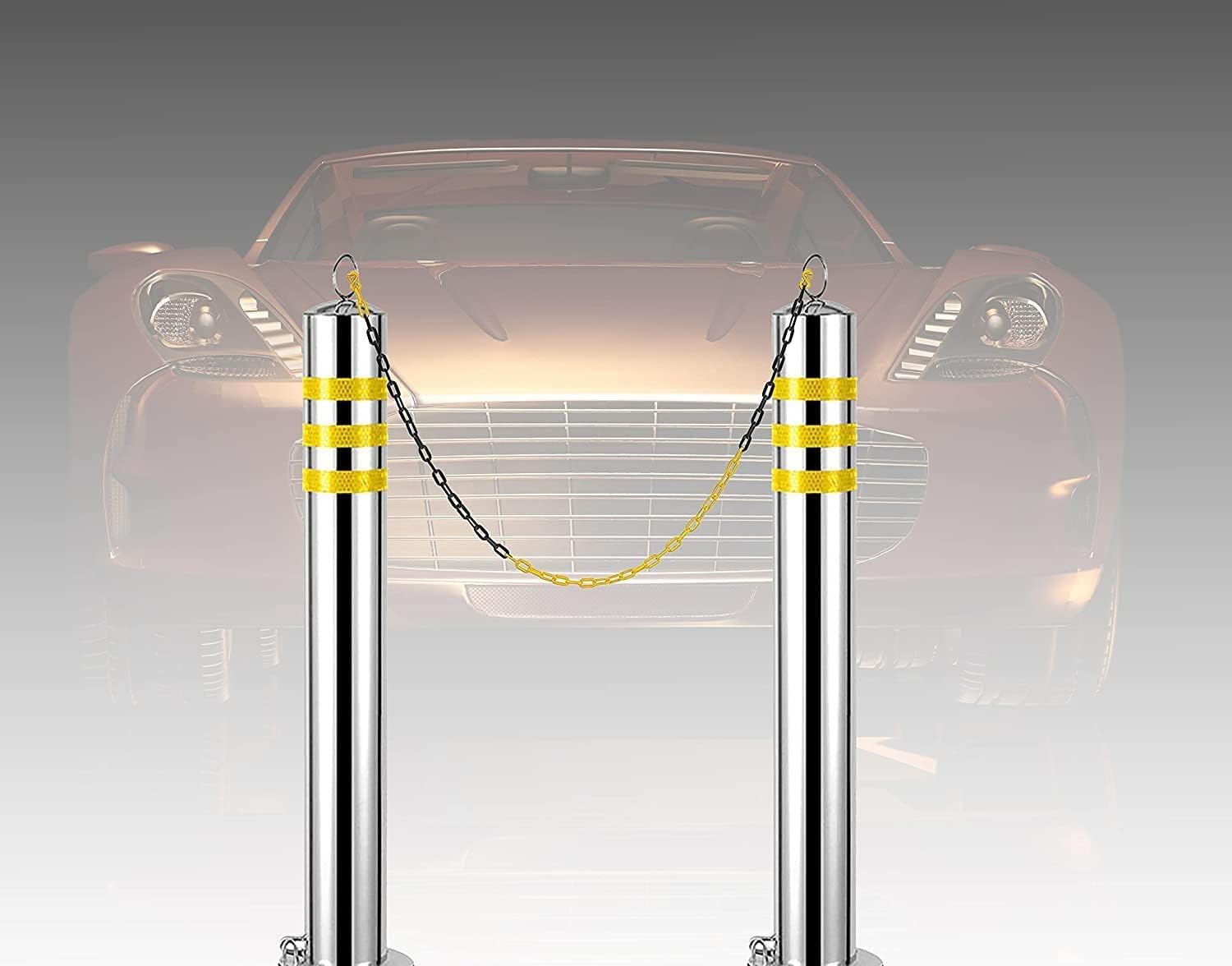 1 szt. trwałych słupków parkingowych ze stali nierdzewnej z taśmą odblaskową i łańcuchem – rozwiązanie do kontroli ruchu na podjazdach(76x650mm)