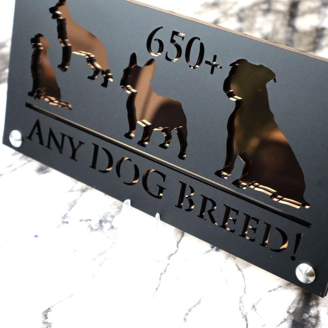 K Smart Sign | 280mm x 140mm | Personalised Dog Luxe property house Dogs wall number address Any-Dog personalised plaque numbers signs fully personalised choose your own (Black & Copper Mirror)