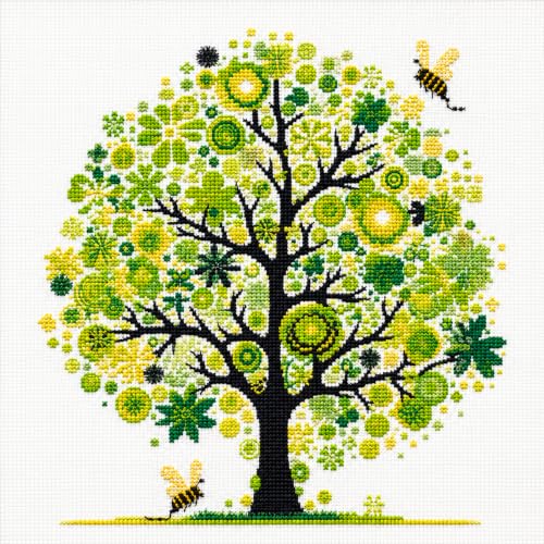 Image of Zhenqing Green Tree of Life Stamped Cross Stitch Kit, 11CT Printed Peace Tree with Bees Pattern, 11.8 x 11.8 Inch DIY Embroidery Kit