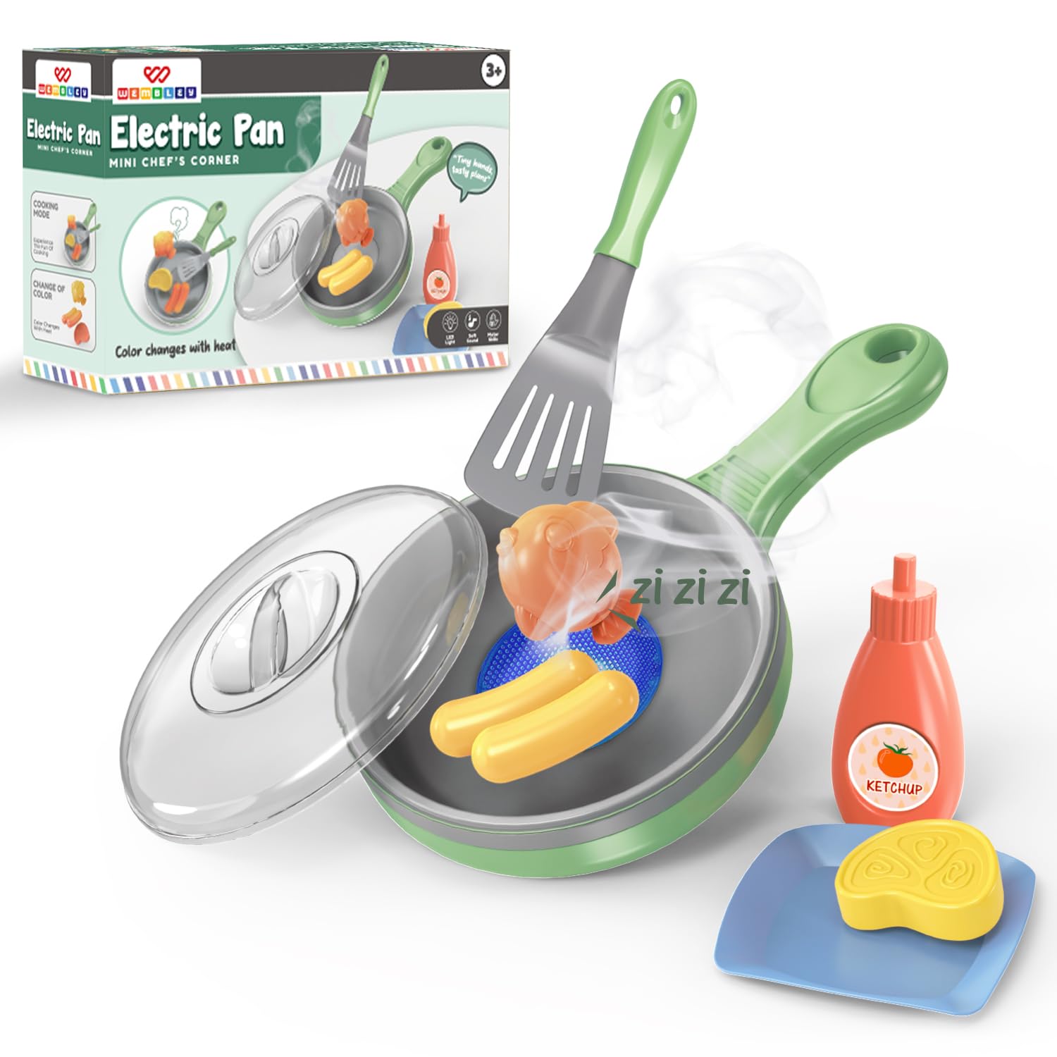 Wembley Electric Pan Toy for Kids | Mini Chef’s Corner Pretend Cooking Set with LED Light, Sizzle Sound & Color-Changing Food | Includes Pan, Lid, Spatula & Play Food |-image-12
