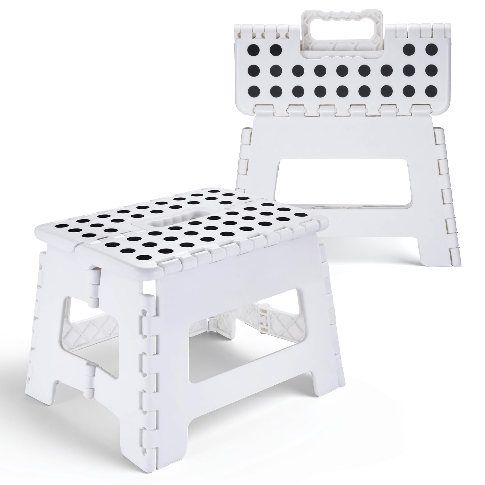 9 inch Folding Step Stool Strong, Lightweight, Heavy Duty Foldable Step Stool With Carrying Handle, Plastic Kitchen Steps Stools Folding for Adults & Kids, Anti Slip Easy to Use For Bathroom -White