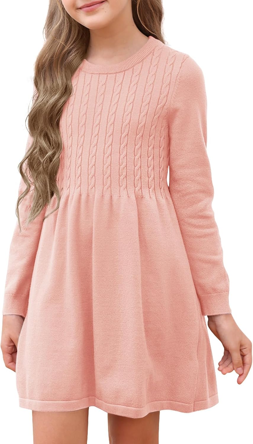 Fommykin Girls Sweater Dress Kids Crew Neck Long Sleeve Cute Fall Winter Kintted Dresses for 4-14Years