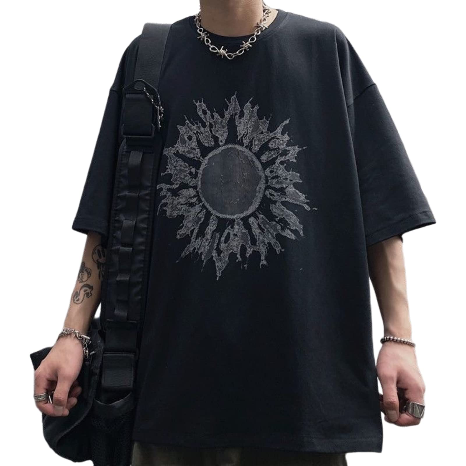 Men Women Y2K Sun Graphic Tshirt, Dark Academia Gothic Emo Alt Japanese Tee Short Elbow Sleeve Top Streetwear Summer