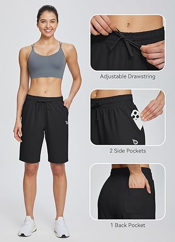 Miniatura 5 de baleaf Bermudas de algodón para mujer, pantalones cortos largos de 10 pulgadas de largo hasta la rodilla, holgadas, con cordón en la cintura