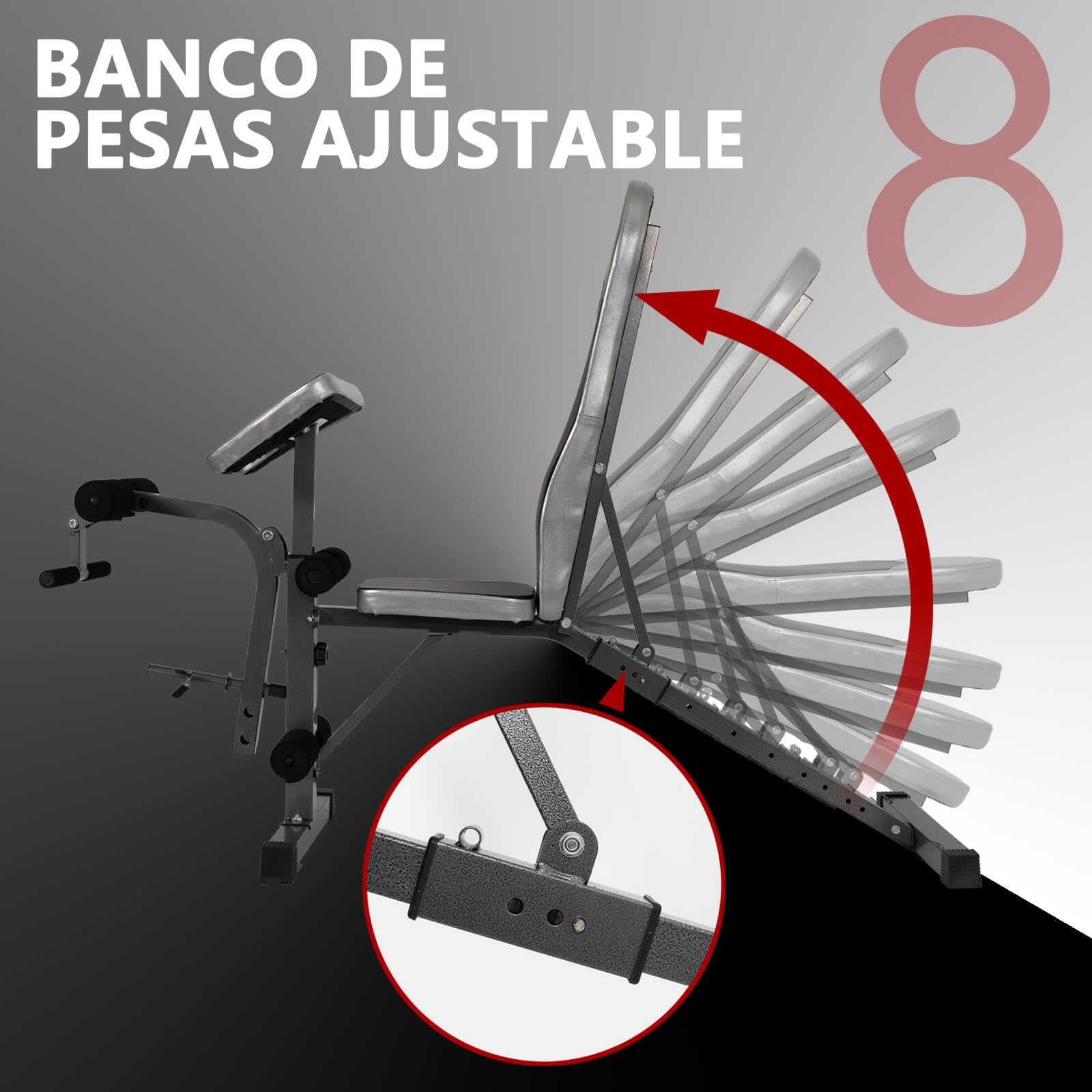 ALLINLIFE Banco de Pesas Ajustable,Banco Musculación Multifuncional,Banco Abdominales con 8 Posiciones Ajustables y 2 Correas de Entrenamiento,Gimnasio Entrenamiento en Casa Capacidad de Carga 200 KG