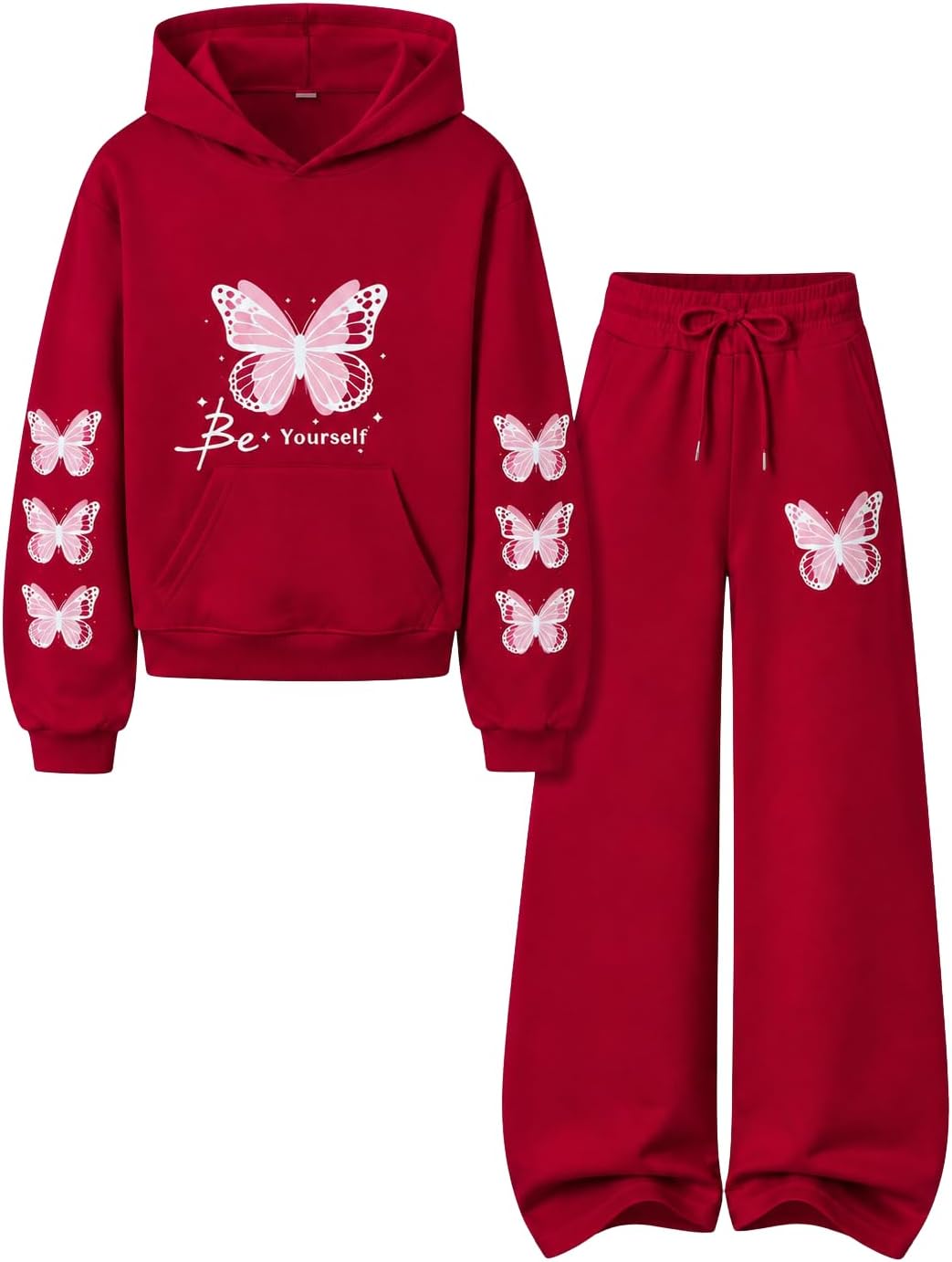 KIDLAGA Girls Clothes 2 Piece Cute Butterfly Print Hoodie & Wide Leg Pants Fall Winter Outfits for Teen Girls Size 7-14Y