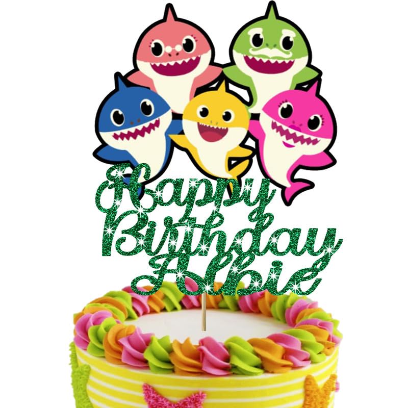 Personalised Glitter Shark Cake Topper with Any Name (Green)