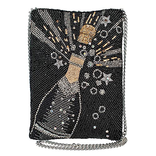 Mary Frances Bubbly Beaded Mini Crossbody Bag with Champagne Motif Novelty Evening Clutch Purse, Black