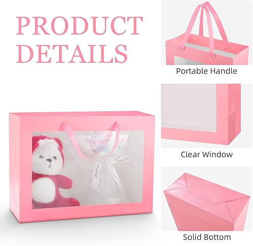 Miniatura 3 de 12 bolsas de regalo rosas con ventana transparente, 16 x 6 x 12 pulgadas, bolsas de regalo extragrandes con asas para boda, graduación, día de San