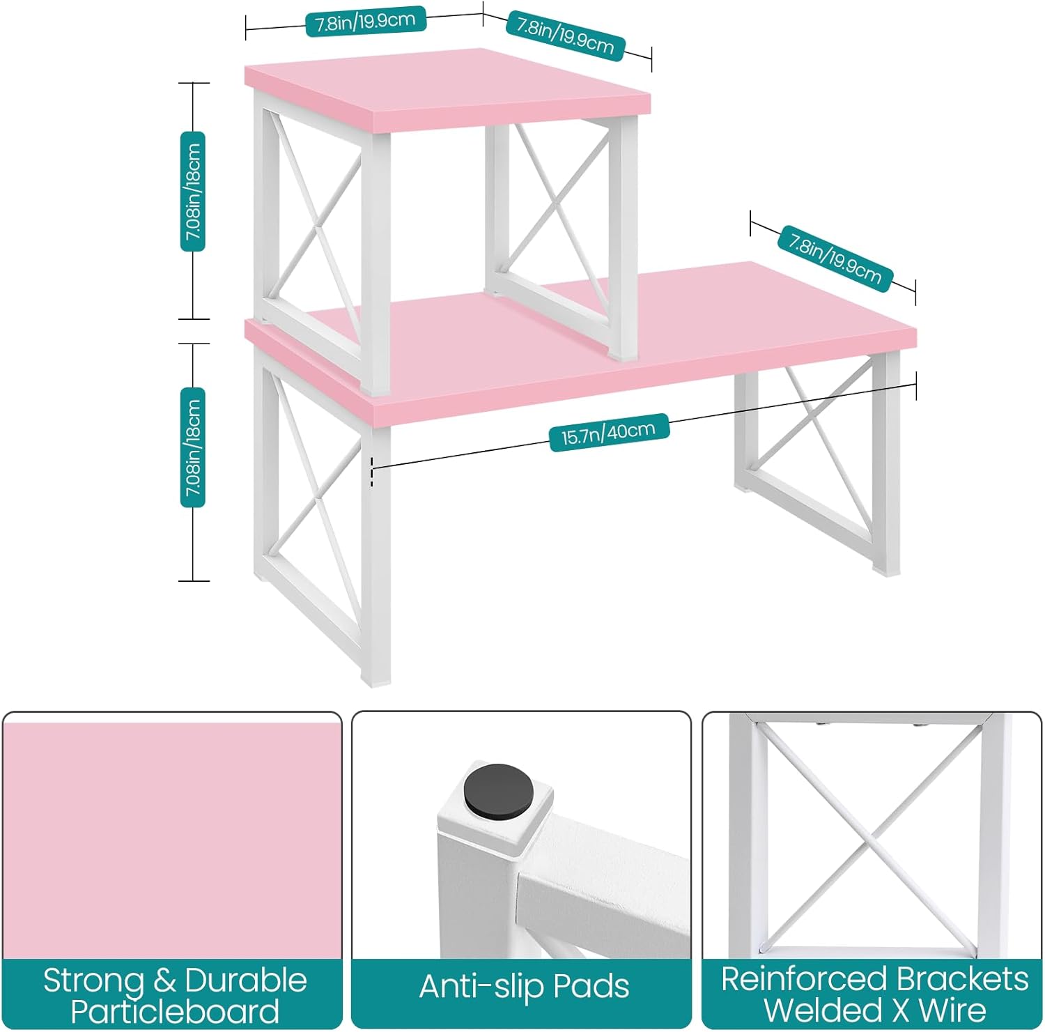 ELITEROO Wood Desktop Shelf, 3 Tier Desk Shelves + 2 Tier Stackable Desk Stand Set, Freestanding Small Bookshelf Organizer, Adjustable Independent Storage Organizers for Dorm Office Home, Pink