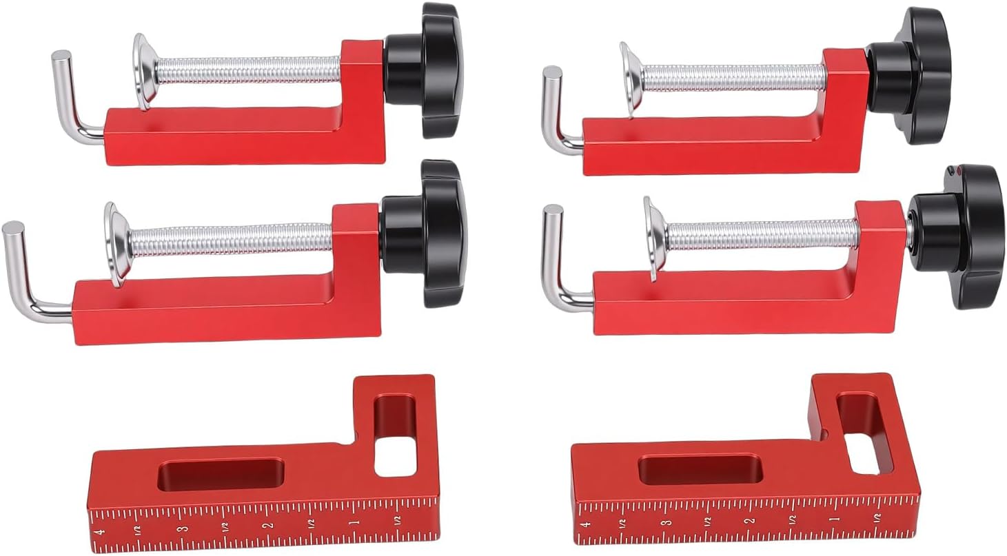 Luqeeg Woodworking Corner Clamps, 90 Degree Right Angle 2Pcs Aluminum Position Squares, Red C Clamps with Secure Grip, Ideal for Picture Frame, Cabinets, Drawers & Furniture