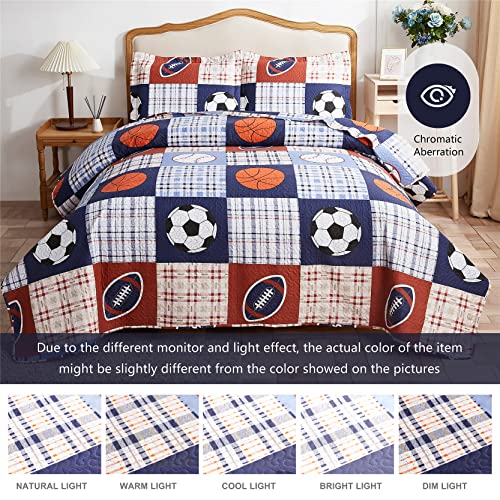 Boys Girls Plaid Sport Bedspread Coverlet Rugby Football Soccer Basketball Baseball Printed Bedding Set,All-Season Reversible Quilt Set Twin Size For Teens,Children,Sports Fans (Twin,Blue) #TOP2