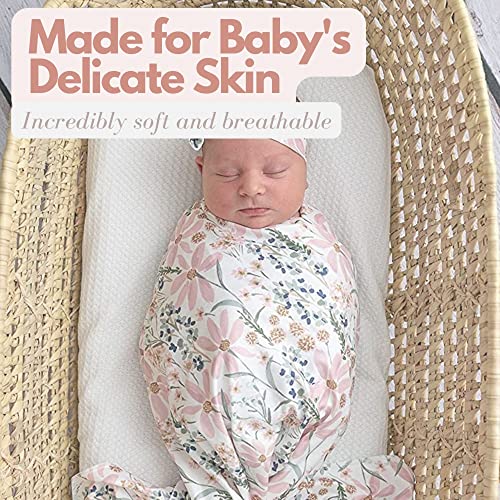 Image of Newborn Baby Girl Receiving Blanket Swaddle Blanket Stretchy Knit Swaddle Set with Matching Headband and Beanie with a Name Card (Golden Floral)