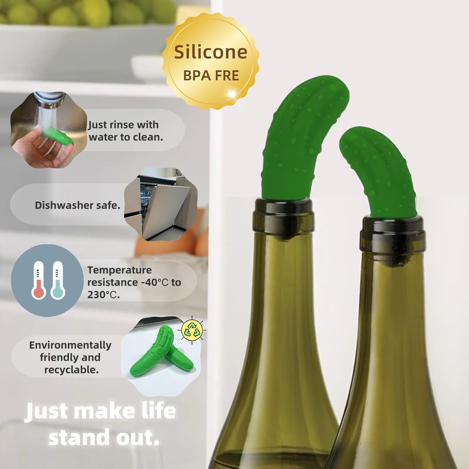 Funny Silicone Wine Stoppers, 2 Pcs Cute Green Wine Bottle Stoppers, Perfect Wine Accessories & Gifts for Pickle Lovers, 1.1 x 3.2 Inches image 2