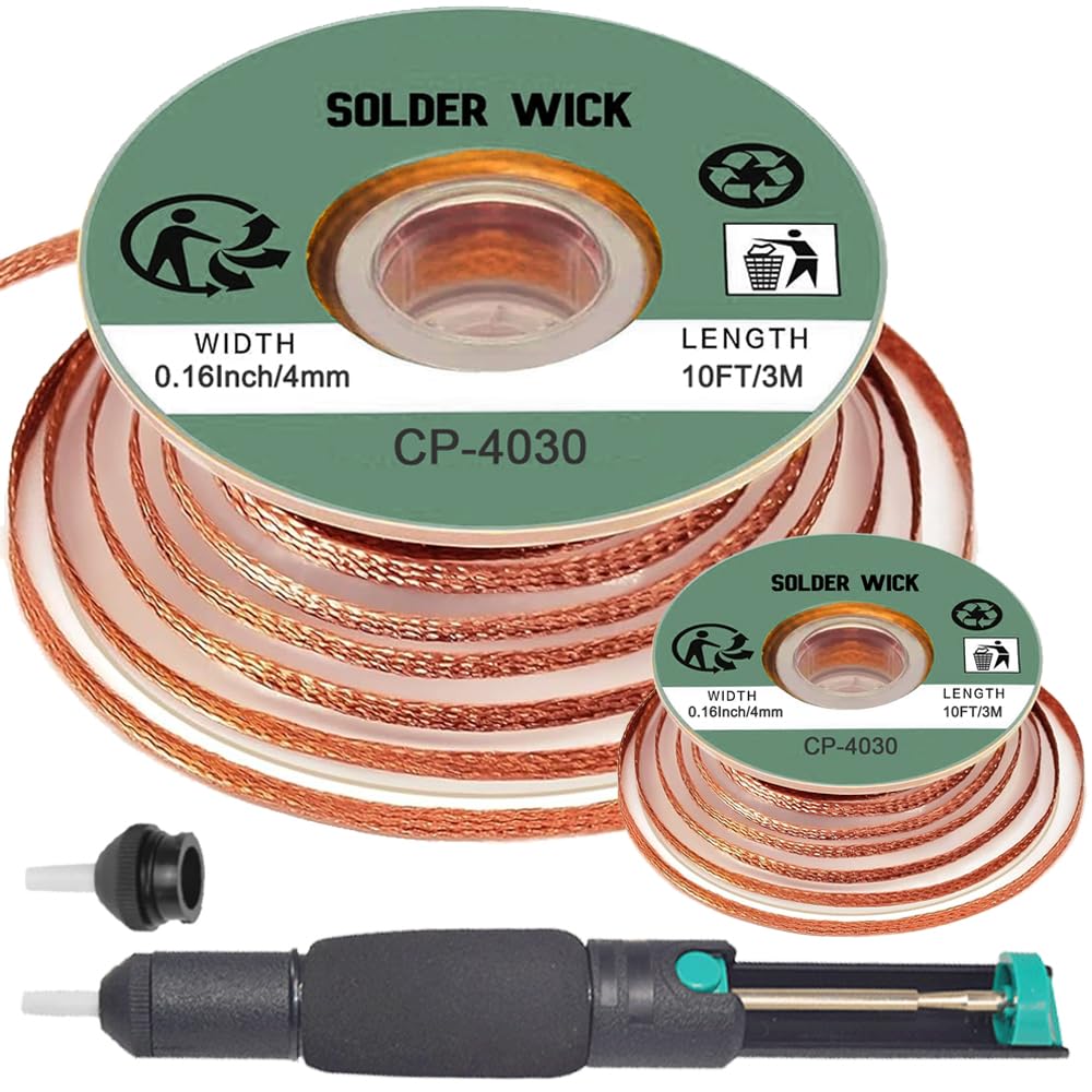 Solder Wick Braid with Flux and Desoldering Sucker, 4mm Width Desoldering Wick with Flux No-Clean Soldering Wick Remover Tool Solder Sucker (2 Pack, 3M/10FT)
