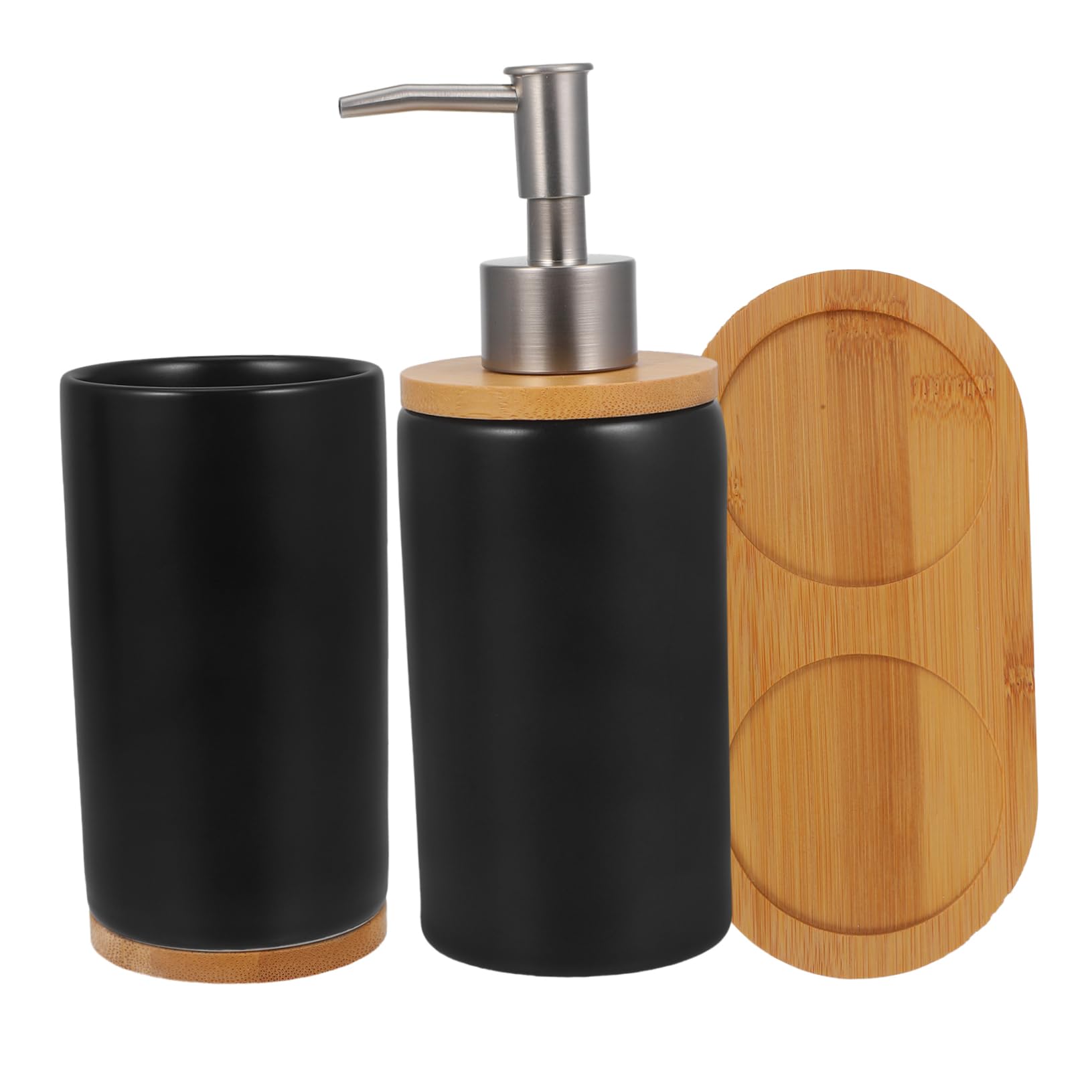 Set Accessori Bagno in Ceramica e Bambù Dispenser Sapone e Bicchiere da 350ml, Design Semplice e Portatile per Bagno e Regali House Warming