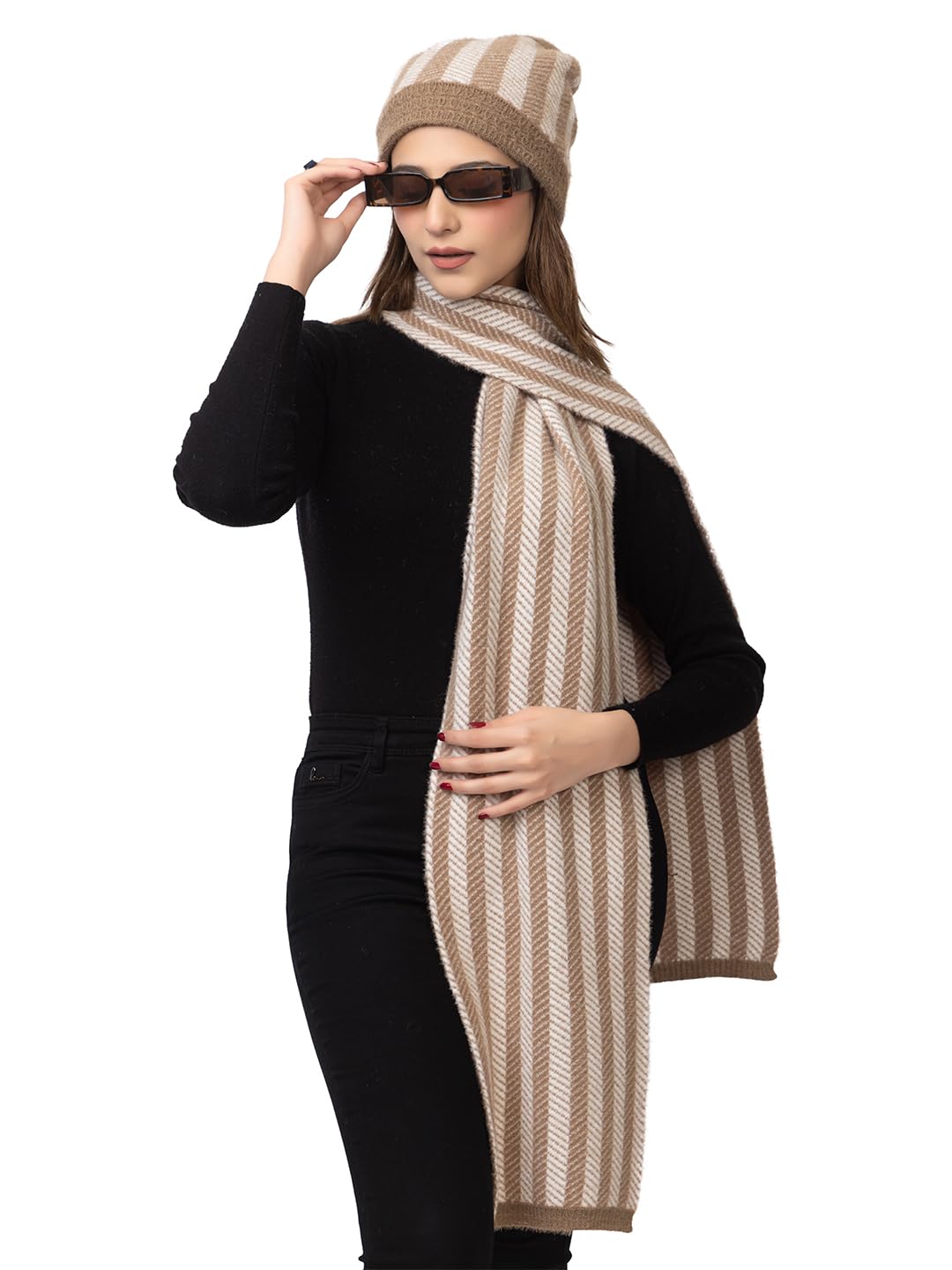 Winter Knitted Scarf and Beanie Cap with Fur Combo for Women | Woolen Soft and Warm Beanie Fleece Hat and Muffler Set for Cold Weather-image-15